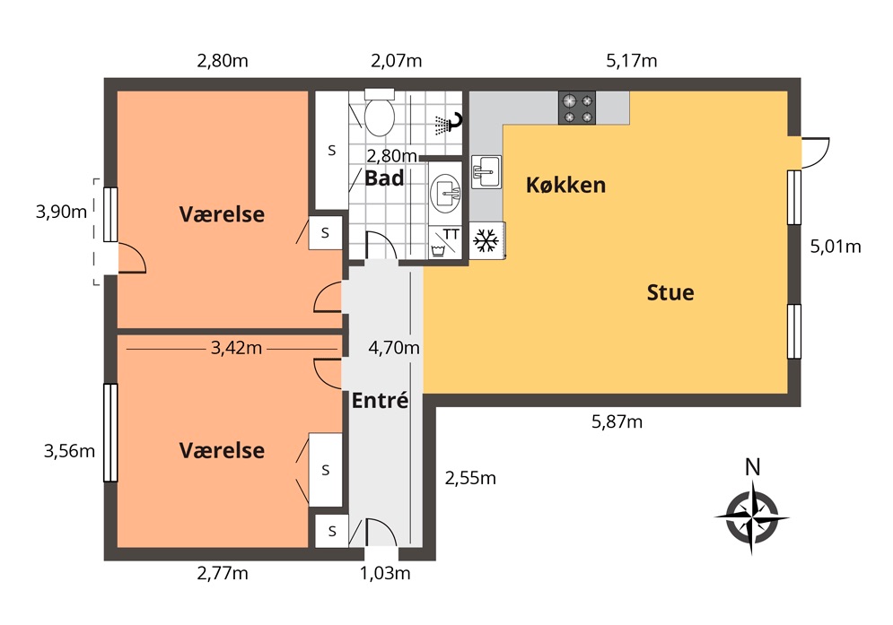 Plantegning | 3 værelses lejlighed 87 m²