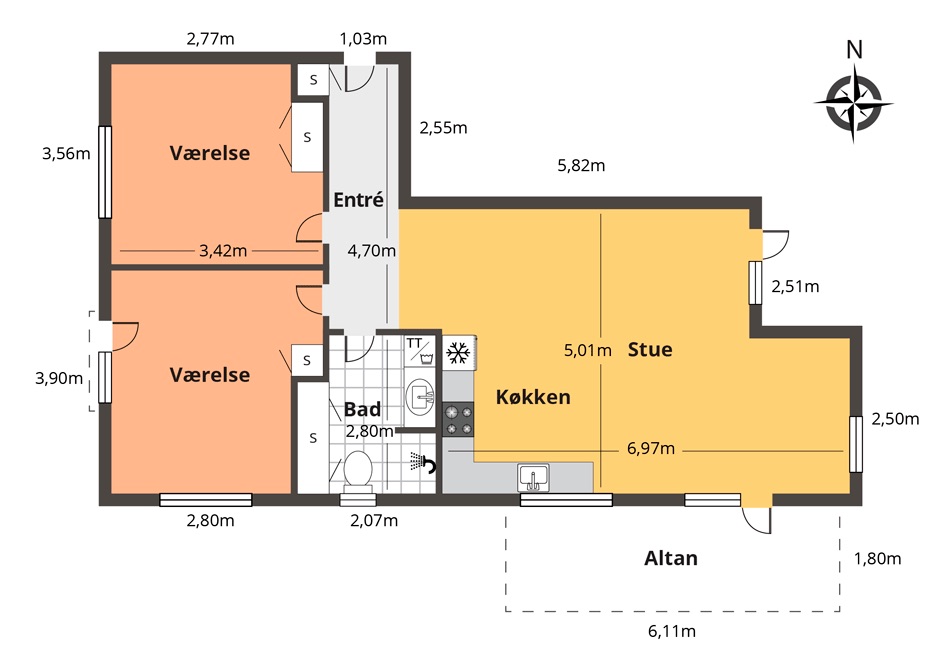 Plantegning | 3 værelses lejlighed 94 m²